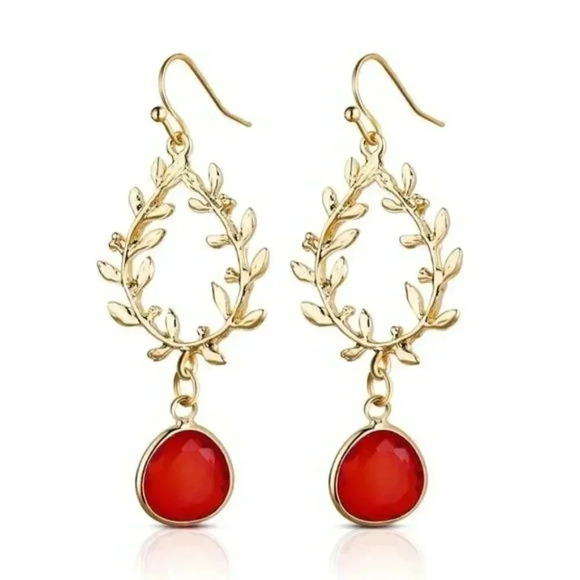 Gold Laurel Wreath Red Crystal Elegant Earrings - Picture 2 of 5
